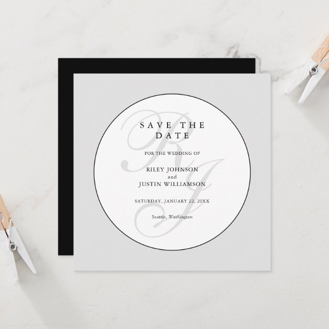 Chic Black and White Monogram Save the Date (Front/Back In Situ)