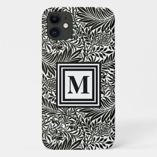 Chic Black and White Monogrammed Botanical Pattern iPhone 11 Case