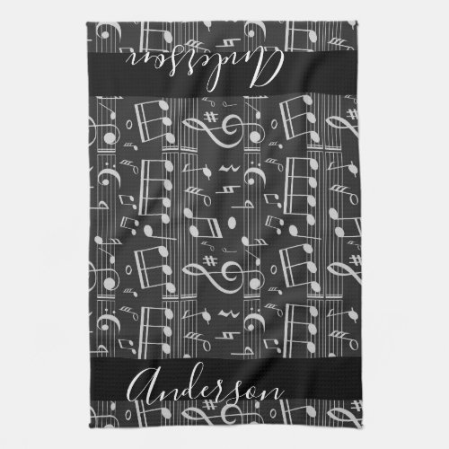 Chic Black and White Musical Notes Personalized Kitchen Towel