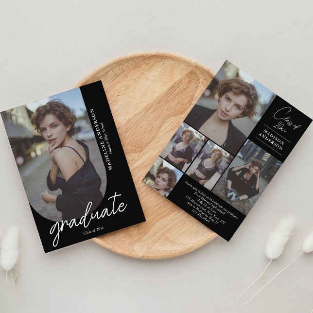 Chic Black and White Photo Collage Graduation Invitation (Creator Uploaded)