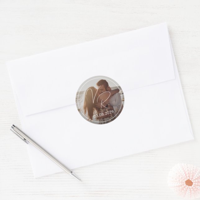 Chic Black and White Photo Modern Wedding Classic Round Sticker (Envelope)