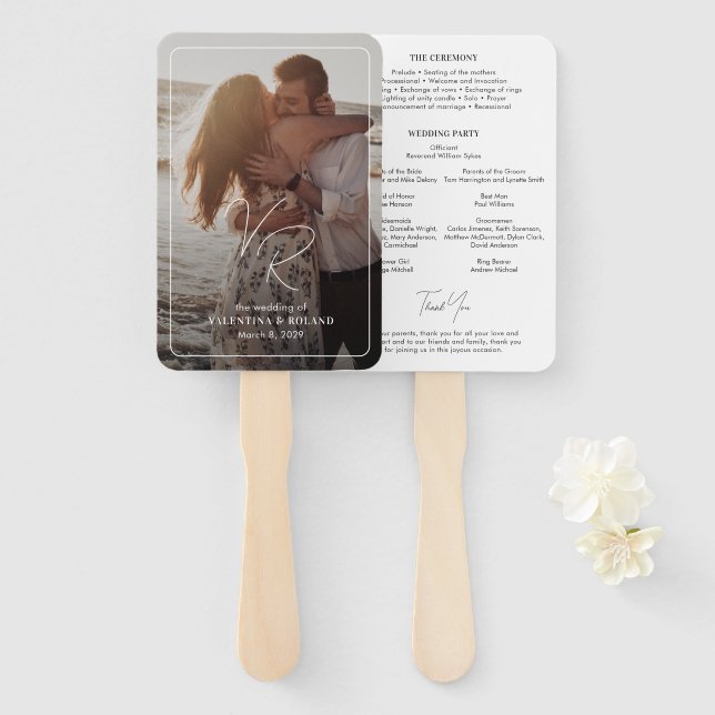 Chic Black and White Photo Modern Wedding Program Hand Fan (Front and Back)
