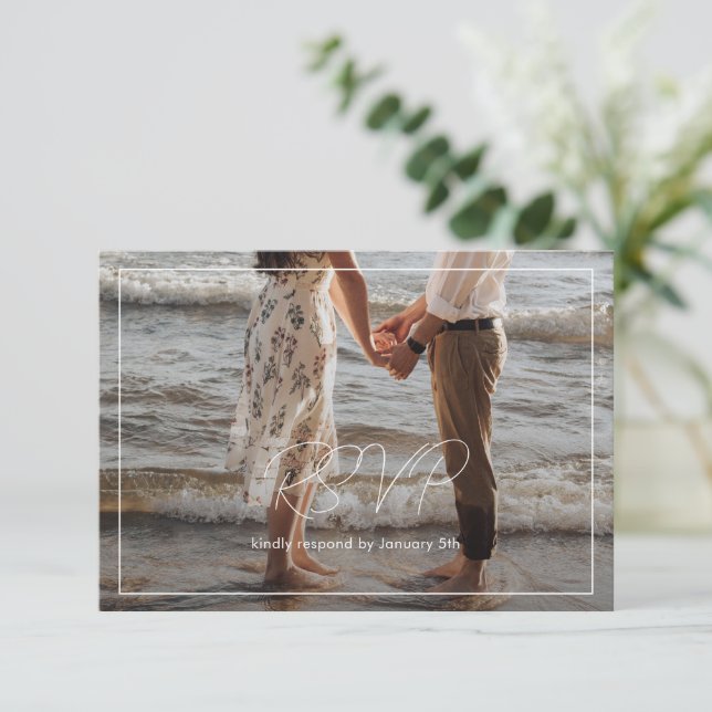Chic Black and White Photo Modern Wedding RSVP Card (Standing Front)