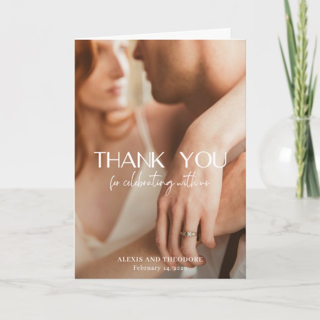 Chic Black and White Photo Modern Wedding Thank You Card (Front)