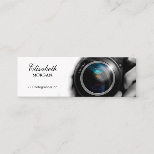 Customizable Chic Black and White Photographer Camera Lens Mini Business Card