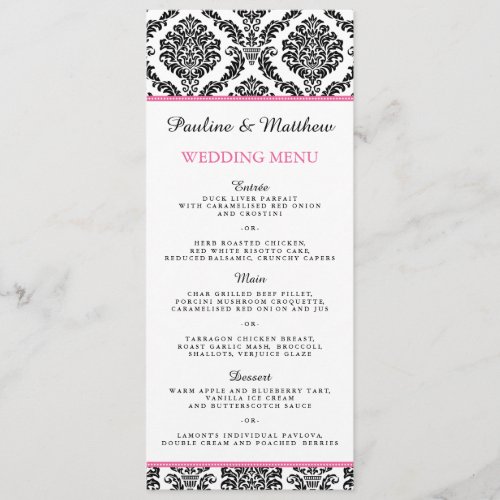 Chic Black and White Pink Damask Wedding Menu
