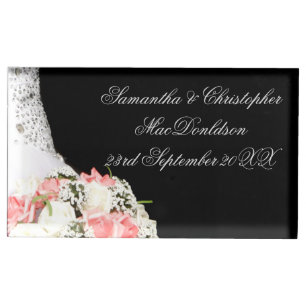 Chic black and white pink rose wedding table card holder