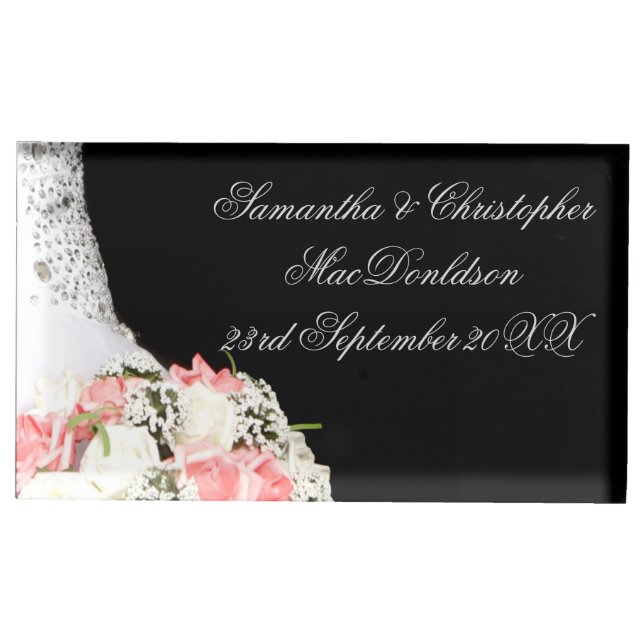 Chic black and white pink rose wedding table card holder (Front)