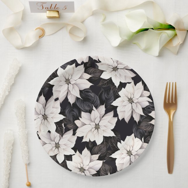 Chic black and white poinsettia paper plates (Wedding)
