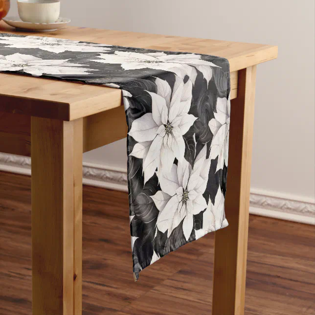Chic black and white poinsettia short table runner | Zazzle