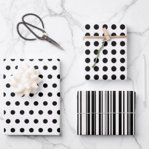 Chic Black and White Polka Dots and Stripe Pattern Wrapping Paper Sheets