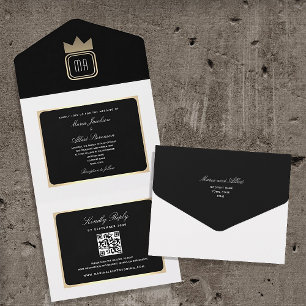 Chic Black and White Qr Code Wedding All In One Invitation