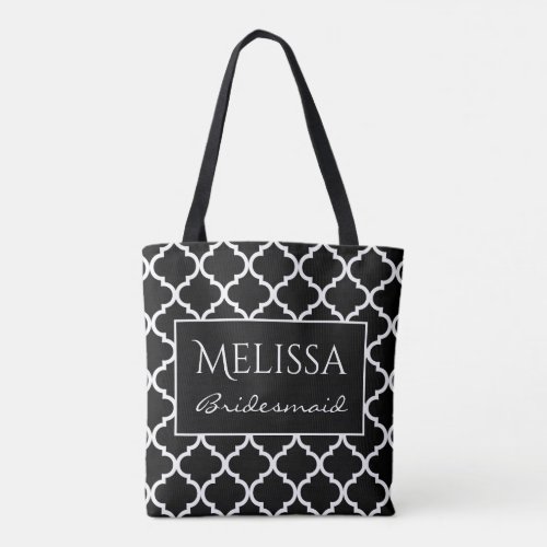 Chic black and white quatrefoil pattern bridesmaid tote bag