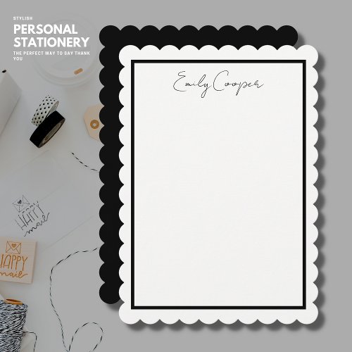 Chic Black and White Scallop Edge Custom Note Card