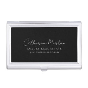 Chic Black and White Script Real Estate Business Card Case