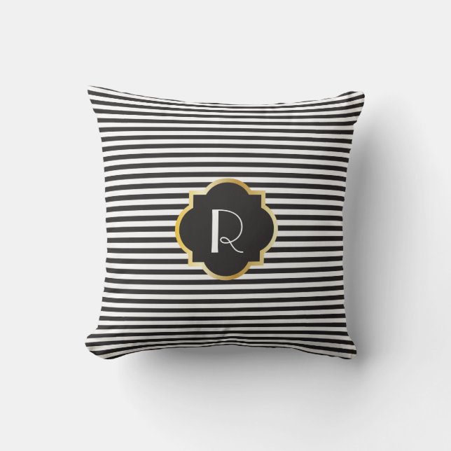 Chic Black and White Stripe Gold Monogram Throw Pillow (Front)