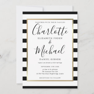 Chic Black And White Stripe Script Photo Wedding Invitation