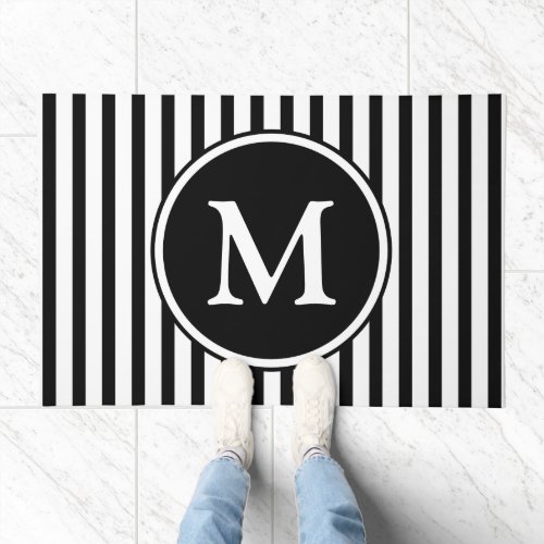 Chic Black And White Striped Monogram Doormat