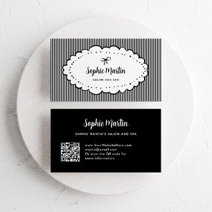 Chic Black and White Stripes and Bow QR Code Business Card