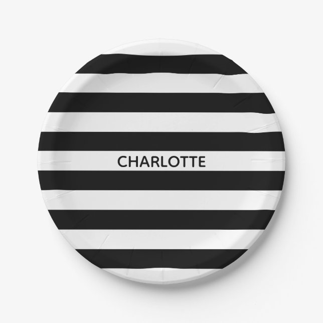 Chic black and white stripes custom name birthday paper plates (Front)