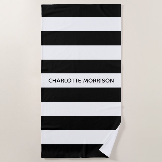Chic black and white stripes custom name monogram beach towel (Front)