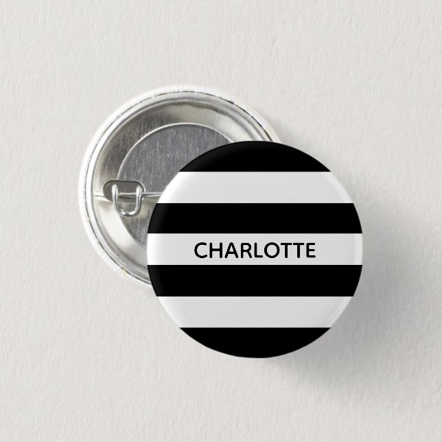 Chic black and white stripes custom name monogram button (Front & Back)