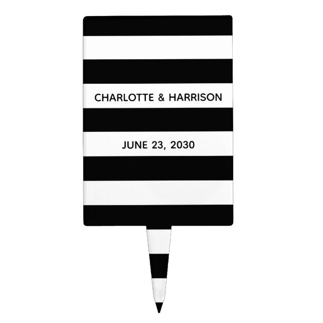 Chic black and white stripes custom name monogram cake topper (Front)