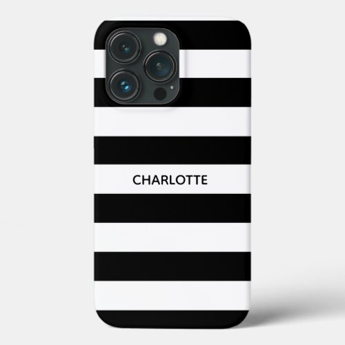 Chic black and white stripes custom name monogram iPhone 13 pro case
