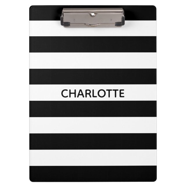 Chic black and white stripes custom name monogram clipboard (Front)