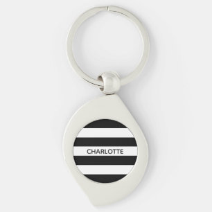 Chic black and white stripes custom name monogram keychain