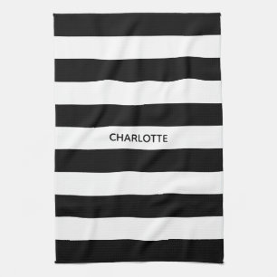 Chic black and white stripes custom name monogram kitchen towel