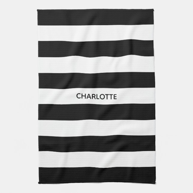 Chic black and white stripes custom name monogram kitchen towel (Vertical)