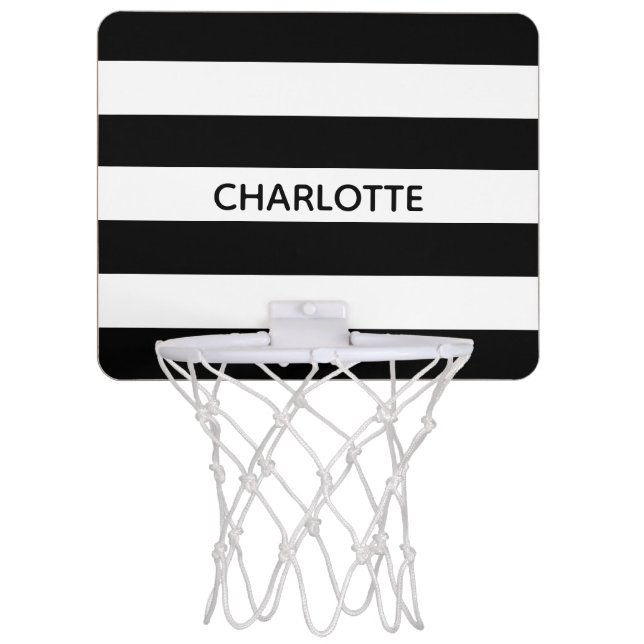 Chic black and white stripes custom name monogram mini basketball hoop (Front)