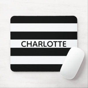Chic black and white stripes custom name monogram mouse pad