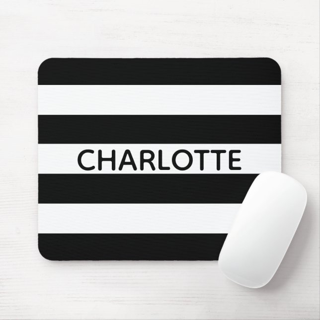 Chic black and white stripes custom name monogram mouse pad (With Mouse)