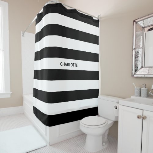 Chic black and white stripes custom name monogram shower curtain