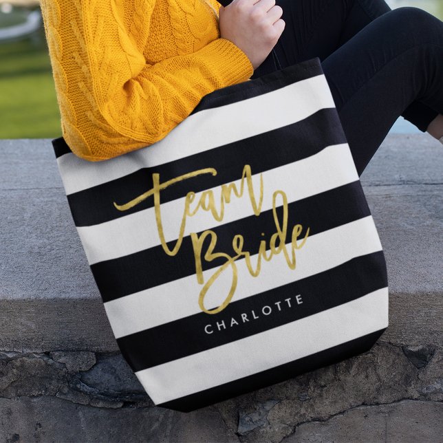 Chic Black and White Stripes Faux Gold Team Bride Tote Bag (Creator Uploaded)