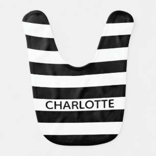 Chic black and white stripes name monogram baby bib