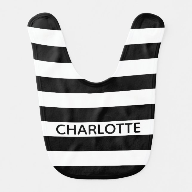 Chic black and white stripes name monogram baby bib (Front)