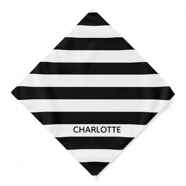 Chic black and white stripes name monogram dog bandana (Front)