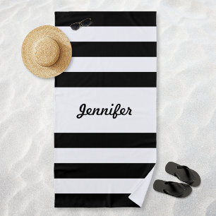 Chic Black and White Stripes Personalized Beach Towel