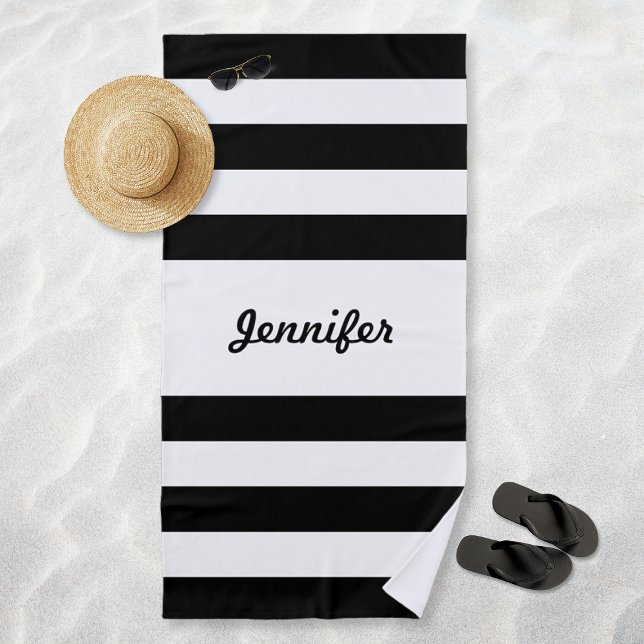 Chic Black and White Stripes Personalized Beach Towel (Chic Black and White Stripes Personalized Beach Towel)