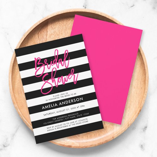 Chic Black and White Stripes Pink Bridal Shower Invitation