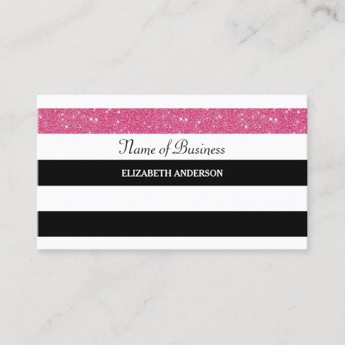 Chic Black and White Stripes Pink FAUX Glitz Business Card