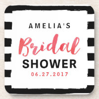 Chic Black and White Stripes Red Bridal Shower Beverage Coaster