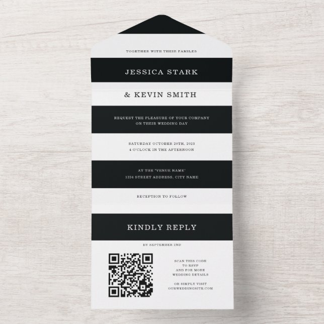 Chic Black and White Stripes Wedding All In One In All In One Invitation (Inside)