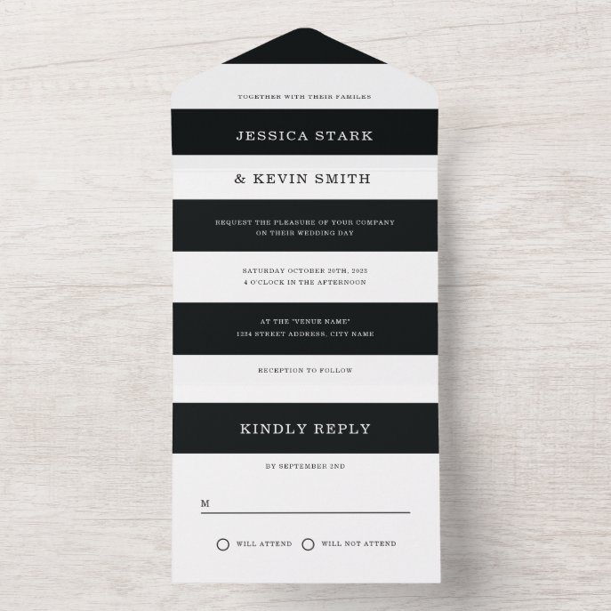 Chic Black and White Stripes Wedding All In One Invitation