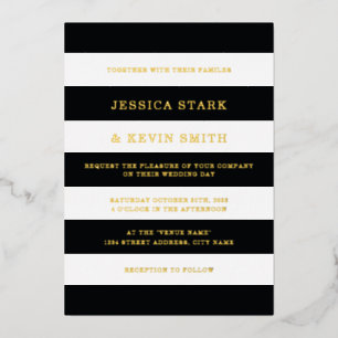 Chic Black and White Stripes Wedding Gold Foil Invitation