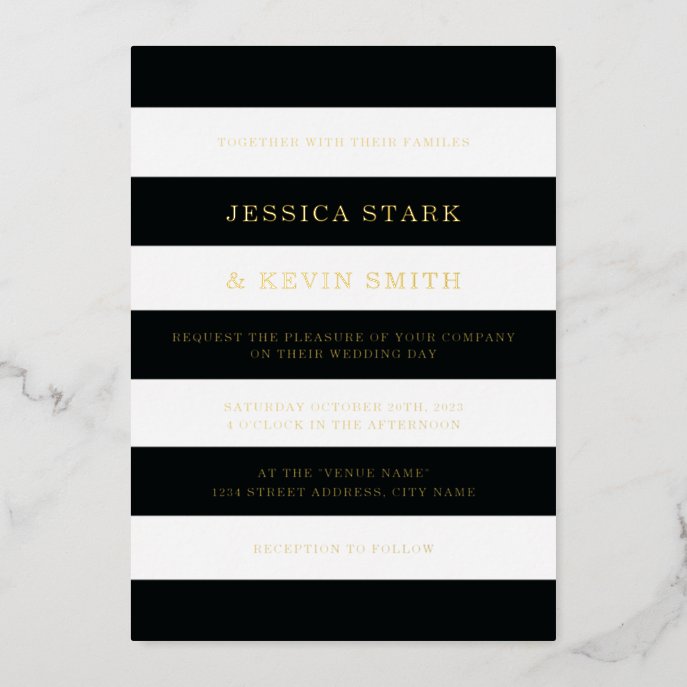 Chic Black and White Stripes Wedding Gold Foil Invitation