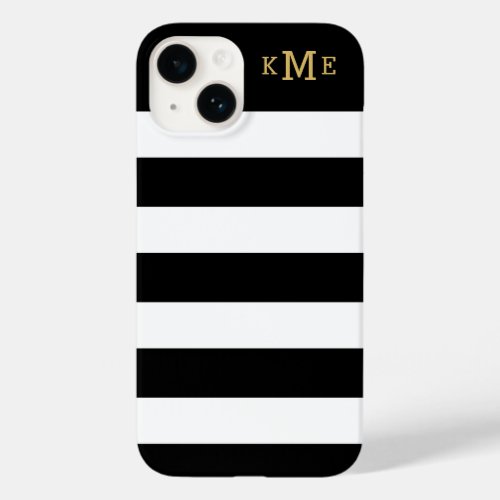 Chic Black and White Stripes with Gold Monogram Case_Mate iPhone 14 Case